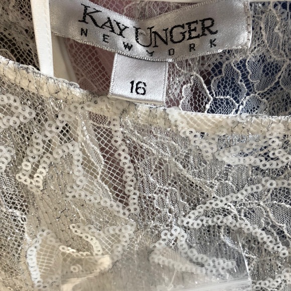 NWT Kay Unger White Sequin Feather Hem Dress - Picture 3 of 8